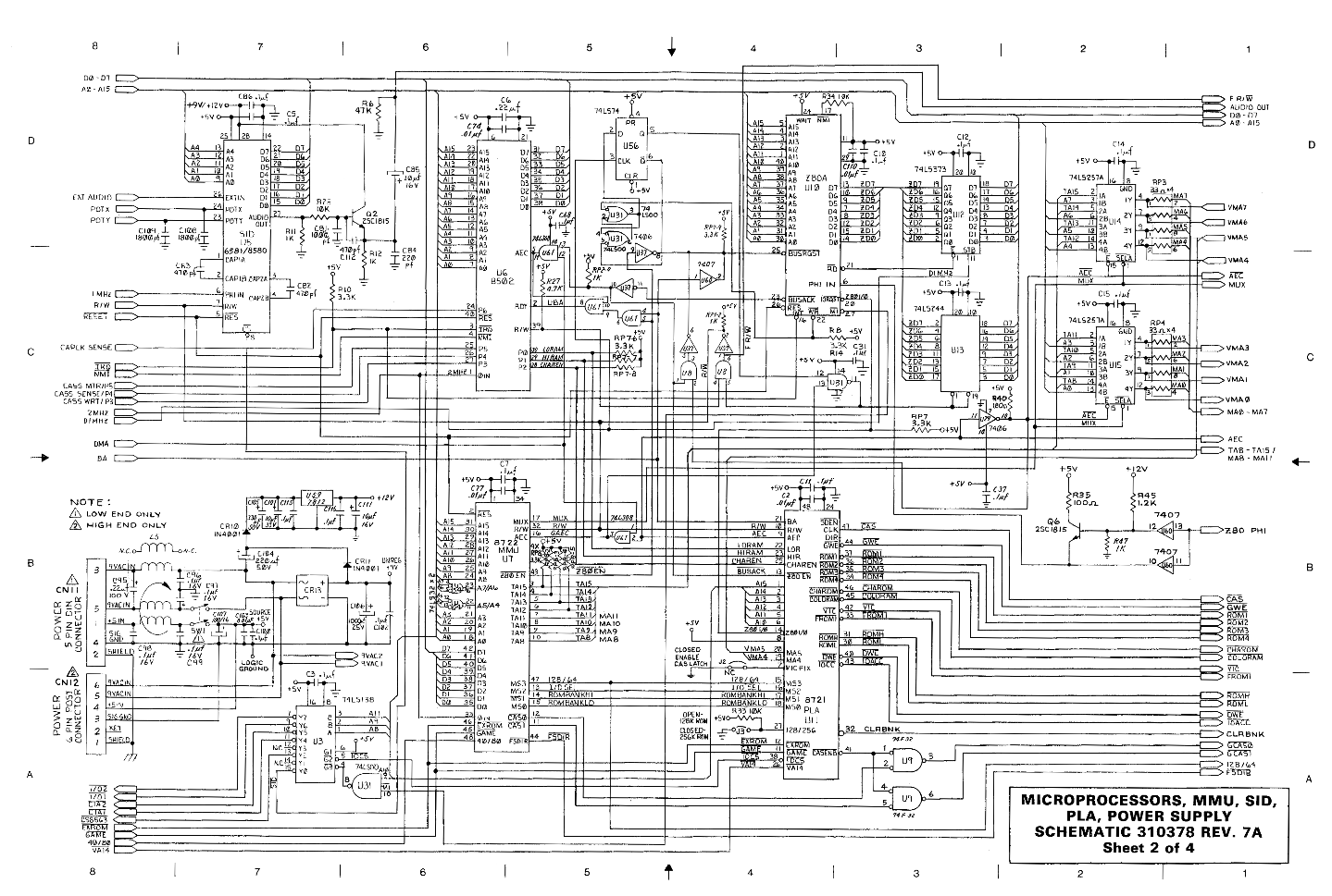 [Microprocessors, MMU, SID, PLA, power supply  Schematic 310378 Rev. 7A  Sheet 3 of 4]
